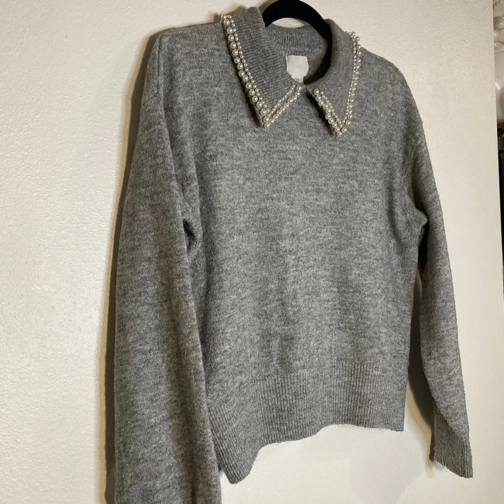 h&m pearl beaded collar pullover heather grey sweater - Picture 1 of 7